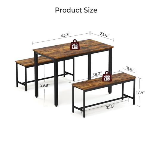 Tatub Dining Table Set for 4, 3-Piece Kitchen Table with 2 Benches, Space-Saving Dining Room Set for Breakfast Nook and Small Spaces, Brown