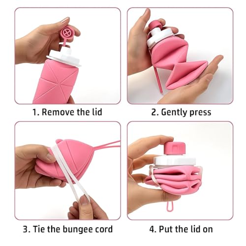 Image of Silicone Folding Water Bottle 600ML for Travel, Gym, Office, School - Food Grade, Leakproof, Lightweight & Reusable | Portable Collapsible Bottle for Men & Women (Pink)