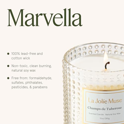 LA JOLIE MUSE Champs de Tuberose Scented Candle - Ylang, Tuberose, Orange Blossom | 10 oz Natural Soy Wax | 55 Hours Clean Burn | Floral Scented Candle | Gift-Ready for Hosts & Gatherings