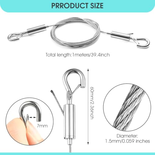 Image of HASTHIP 2Pcs Picture Hanging Hooks with 1m Adjustable Wire Under 50kg