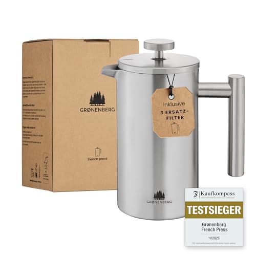 Groenenberg French Press I Hochwertige French Press Thermo mit Warmhalte-Funktion I Edelstahl Kaffeebereiter Kaffeepresse in 3 Größen bis 1 Liter