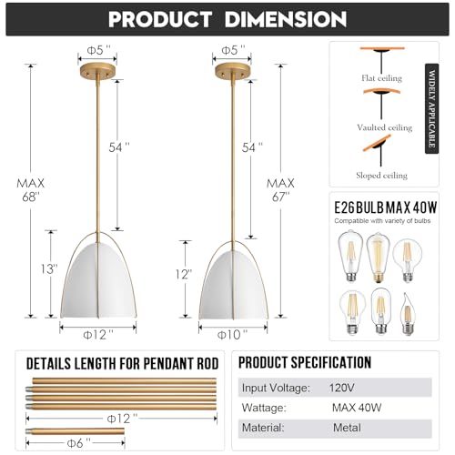 10in Dome Pendant Light White Kitchen Island Pendant Lighting Modern White & Gold Pendant Lights Fixture for Dining Room Kitchen Sink, E26 - Image 7