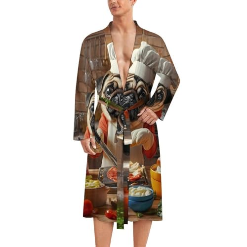 Bata de baño para hombre con estampado de perro Pug chef, manga larga y tejido muy suave