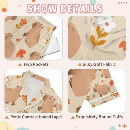 senya Funny Capybara Daisy Satin Summer Pajama Sets Silk Short Sleeve Button Down Sleepwear3