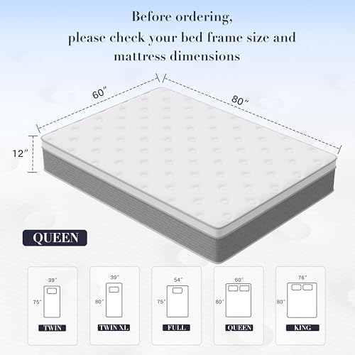 Image of Queen Mattress - 12 Inch Memory Foam Mattress in a Box for Pressure Relief & Motion Isolation with Individual Pocket Spring, Medium Firm, CertiPUR-US Certified, Fiberglass Free