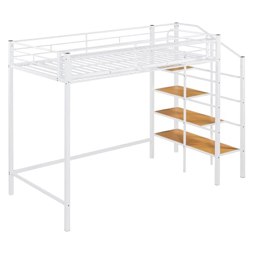 Image of Bellemave Twin loft Bed with Storage Stairs and Upper Grid Storage Shelf, Metal Twin Loft Bed Frame for Adults, Kids, Teens, White