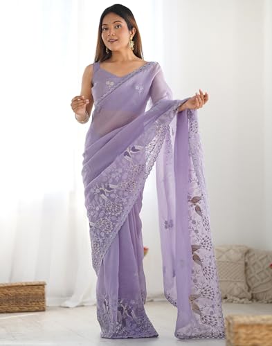 Image of SIRIL Women's Silk Blend Sequence Embroidery Saree With Unstitched Blouse Piece for Wedding and Parties