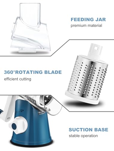 Image of Cheese Grater Rotary, Rotary Grater for Kitchen, Kitchen Grater Vegetable Slicer with 3 Drum Blades, Fast Cutting Cheese Shredder for Vegetables and Nuts