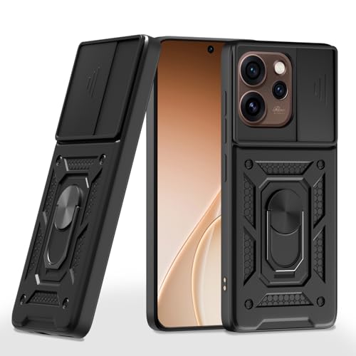 Image of Pikkme Back Cover for Oppo Reno 15 5G | 360 Protection Case | Sliding Camera Shield Cover & Ring Holder Stand D10 Tough Armor Bumper Case (Black)