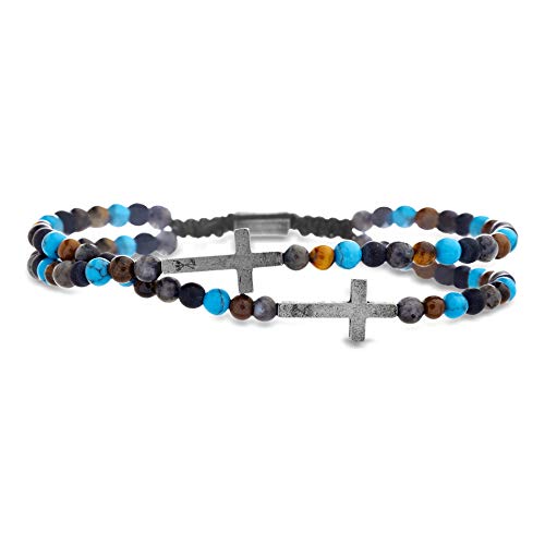 Steve Madden Cross Station Double Strand Blue Brown Beaded Adjustable Bracelet For Men ( Multicolor ), One Size (SMBS606861OX-LP)
