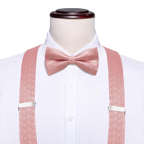 Image of Hi-Tie Men Suspender Bowtie Set Suspenders Pre-tied Bow Tie Pocket Square Cufflinks Adjustable Y Shape 6 Clips Braces Tuxedo