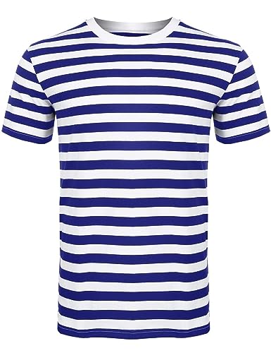 ANZEE DISCOVER THE NEW YOU Camiseta a rayas unisex para hombre y mujer, cuello redondo, manga corta, a rayas, camiseta de algodón, cuello redondo, casual, ropa de verano, Blanco / Azul