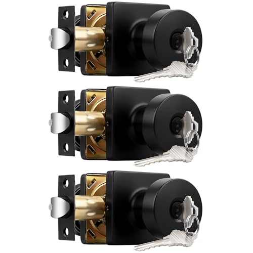 Probrico Keyed Different Entrance Door Knobs 3 Pack, Exterior & Interior Matte Black Door Knobs with Lock, Keyed Inside/Outside Bedroom and Bathroom Locking Classic Square Panel Door Knobs