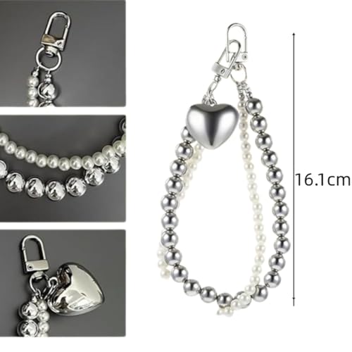 Image of Phone Charm with Beaded Chain | Acrylic Phone Strap for Mobile Keys & Bags | Decorative Wrist Strap | Lanyard Charms | Keychain Accessory for Women Girls (Silver-Heart)