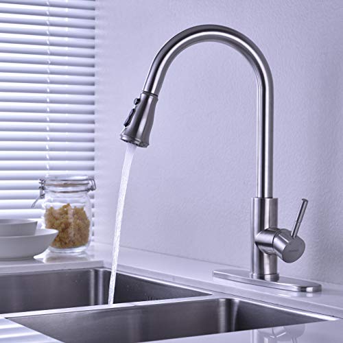 Product Deal GORDEE Brushed Nickel Kitchen Faucet with Pull Down Sprayer(3 Control), Brass Body SUS304 Tube, Single Handle One Hole Sink Faucet w/ Deck Plate Brushed Nickel Finish, Plus 1 More 2-Function Sprayer