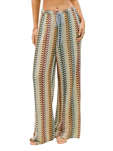 Image of ZAFUL Womens Beach Cover Up Pants Sexy Crochet Drawstring Elastic Boho Swimsuit Cover Up Long Pants Beach Wear