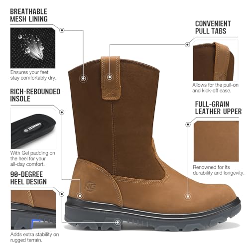 Image of NINGO Steel Toe Work Boots for Men, Waterproof Wellington Mens Boots with Full Grain Leather, Slip Resistant and Puncture Proof, Pull-On Work Shoes for Construction, Industrial and Farming