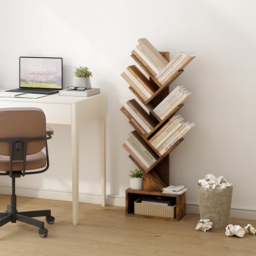 Image of Hoctieon 6 Tier Tree Bookshelf, Tall Bookcase with Drawer, Freestanding Book Shelf, Display Floor Standing Storage Shelf, Book Organizer Shelves for Home Office, Rustic Brown