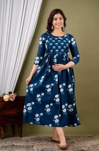 Image of Women's Floral Printed Cotton Maternity Dress Kurti with Feeding Zipper, Maternity Gown for Women, Feeding Dress, Maternity Kurti