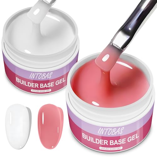 INTOBAS Kit Gel de Uñas Para Constructor 3-EN-1, Uñas de Gel UV-2*15g, Builder Base Gel Uñas para Fortalecedor y Decoración, Reparar Uñas Rotas-Densidad media-Autonivelante-Blanco y Pink