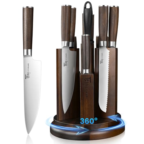 Kitchen Knife Set with Magnetic Block and Sharpener 14 Piece Knife Set 360° Rotatable Holder Ultra Sharp High Carbon Stainless Steel Knives Sets with Steak Knives, Anti-Slip Ergonomical Handle