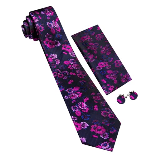 Image of Barry.Wang Flower Ties for Men Silk Woven Floral Tie Sets Necktie Handkerchief Cufflinks Wedding Party