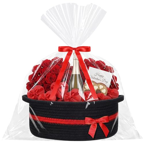 Image of Colingmill 1 Set Woven Basket for Gift Empty with Cellophane Wrap Set 14 x 10 x 5.5 Inch, Medium Decorative Gift Basket Empty to Fill, Cotton Rope Storage Box Decor (Black Red)