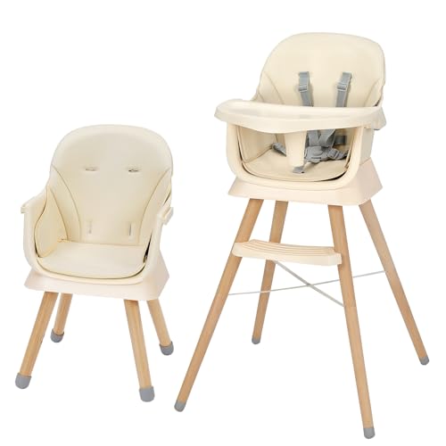 Chaise Haute Bébé 6 en 1 avec Pieds en Bois, Chaise Haute Évolutive Convertible en Rehausseur et Chaise Enfant, Harnais 5 Points, Plateau Amovible, pour Bébé de 6 Mois à 6 Ans (Beige)