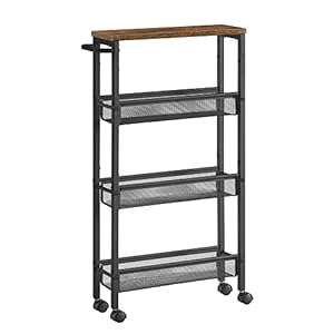 VASAGLE Slim Rolling Cart, 4-Tier Storage Cart, Narrow Cart with Handle, 5.1 Inches Deep, Metal Frame, for Kitchen, Dining Room, Living Room, Home Office, Rustic Brown and Classic Black ULRC032B01V1