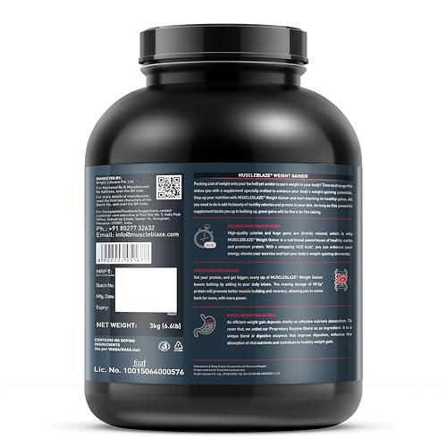 Image of MuscleBlaze Weight Gainer Powder with Added Digezyme, Chocolate (30 Servings, 3kg / 6.6lbs) | 12g Protein, 72g Carbs Per Scoop