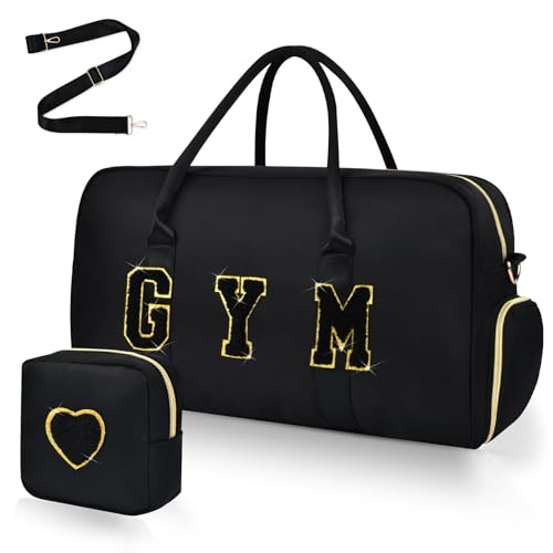 Gym Bag for Women, 2PCS Gym Tote Duffel Bag with Wet Pocket & Shoe Compartment Chenille Letter Embroidered Workout Carry on Bag for Travel, Swimming