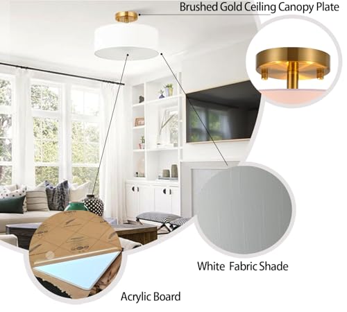 Nut Lighting 15 Inch Drum Light, Semi-Flush Mount Ceiling Light Fixture White Fabric Drum Shade and Gold Plating Finish,Ceiling lamp for Bedroom, Dining Room, Corridor, Living Room - image 5
