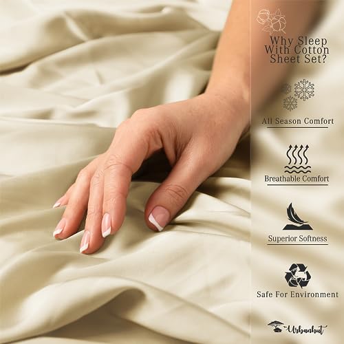 URBANHUT 800 Thread Count Egyptian Cotton Sheets Set King Size, Long Staple, Soft & Breathable, 4 Pc Bed Sheet Sets for King Size Bed, Luxury Hotel Sateen Sheets Fits 16" Deep Pocket - Sand