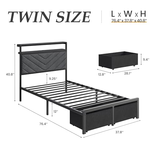 Image of Fluest Twin Bed Frame with Storage Drawers, Upholstered Headboard with Charging Station, LED Lights, Fabric Drawers with Wheels, Under Bed Storage, No Box Spring Needed, Easy Assembly, Grey