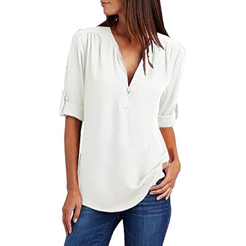 UMIPUBO Women V Neck Shirts Chiffon Blouse Solid Zip Casual Shirts Tops Women Long Sleeve Tops Oversized Baggy Tunic Tops Long Sleeve Summer Adjustable Cuffed Sleeve Shirts Blouse(White,M) Cover