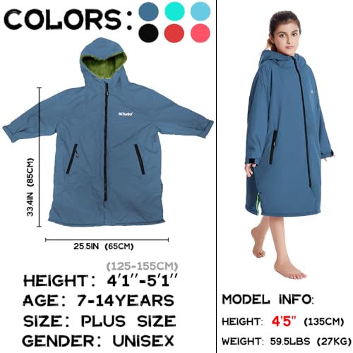 Image of Hiturbo Warm Kids Swim Parka: Waterproof Changing Robe - Oversize Swimming Coat - Hooded Surf Poncho - Thick Lining (7-14Y)