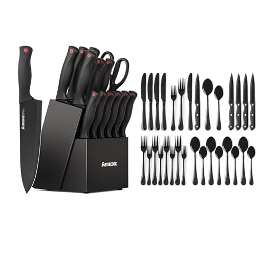 Image of Astercook 15 Piece Knife Set with Sharpener Block with 24-Piece Black Silverware Set Flatware Set for 4