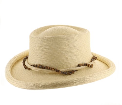 ULTRAFINO Bahamas Gambler Womens Curled Rolled Brim Straw Panama Hat Large Natural