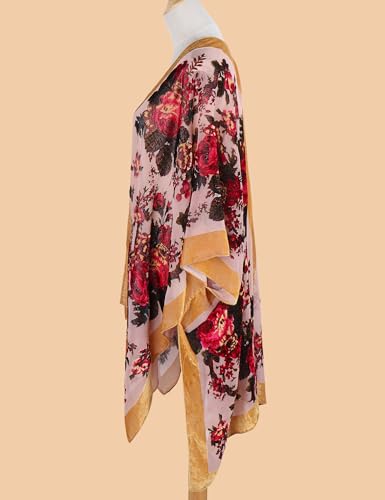 WeHello Women\'s Burnout Velvet Kimono Long Cardigan Cover Up Without Tassel (Cloud Flower)… - Thumbnail 6