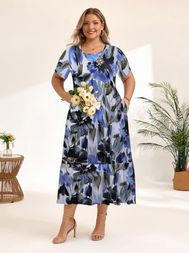 Image of LARACE Plus Size Dresses for Women Summer Casual Short Sleeve Long Dress Flowy Maxi Beach Dresses with Pockets L-6XL