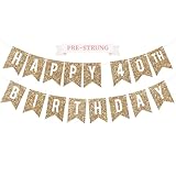 Pre-strung Happy 40th Birthday Banner - No DIY - Gold Glitter 40th Birthday Party Banner - Pre-strung Garland on 6 ft Strands - Gold Bday Party Decorations & Decor. Did We Mention No DIY