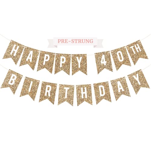 Image of Pre-Strung Happy 40th Birthday Banner - Gold Glitter Birthday Banner | No DIY - Gold Glitter 40th Party Decorations - Pre-Strung on 6 ft Strands - Bday Party Decorations & Decor