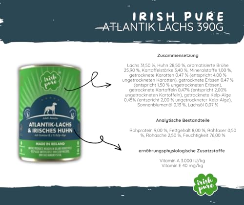 Irish Pure Atlantik Lachs Adult - Hundefutter - 12kg + 6x390g - getreidefreies Trockenfutter & Nassfutter – hypoallergen mit Kelp-Alge & Gemüse – Single Protein – natürlich & sensibel - Sparpaket