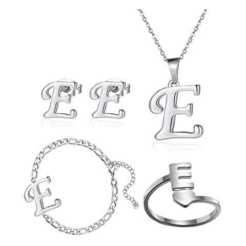 Loqimu 4 Pack Stainless Steel Alphabet E Rings Pendant Necklace Silver Link Chain Bracelet Earrings Studs for Women Initial Jewelry Set(E) Cover