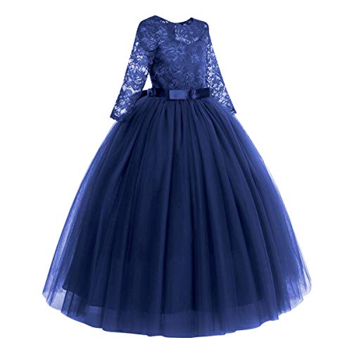 Flower Girls Long Floral Boho Lace Wedding Bridesmaid Dress 3/4 Sleeves Princess Puffy Maxi Tulle Pageant Formal Party Gowns4