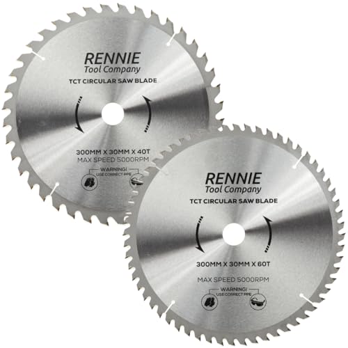 2 Pack - 300mm x 30mm x 40T & 60T TCT Circular Wood Saw Blade Includes 25mm 20mm & 16mm Bore Reduction Rings. Compatible with Bosch Makita Dewalt Circular Saw Etc. Also Fits 305mm Saws