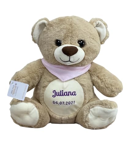 KIDDI-MEDIA Teddy Bär mit Name & Geburtsdatum Bestickt/Geschenk zur Taufe Geburt/personalisiert 30 cm (Halstuch: Rosa (MÄDCHEN)