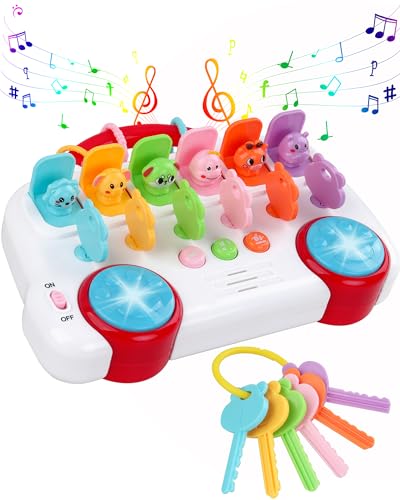 Interactive Pop Up Animal Toys, Cause and Effect Toys for 1 Year Old Boy Girl Birthday Gift, Baby Musical Toys with Music & Light for Toddlers, Early Educational Montessori Animal Learning Toys (Red)
