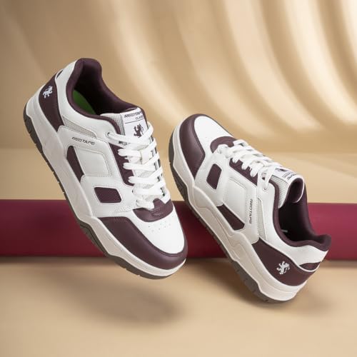 Image of Red Tape Men's Sneakers Maroon White Mesh Pu Round Toe Lace-Up Comfort Grip