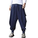 ONTTNO Men's Harem Pants Loose Stretchy Waist Casual Hippie Trousers, Drblue, One Size